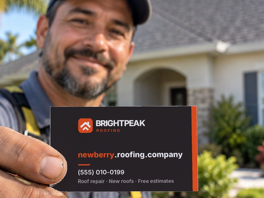 newberry.roofing.company on a roofer's business card