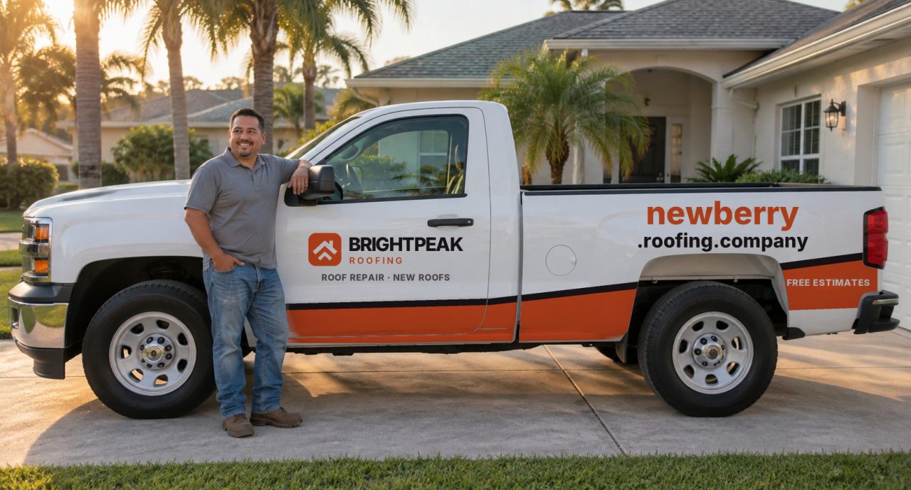 newberry.roofing.company painted on the side of a white work truck