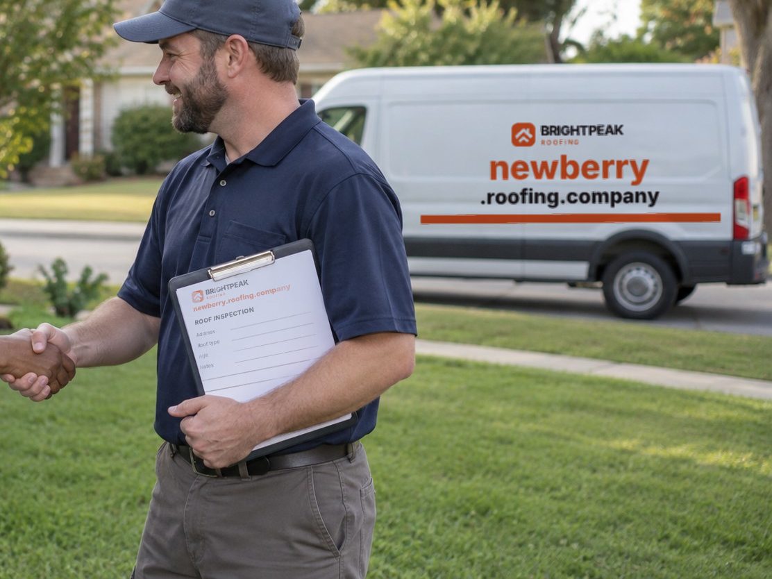 newberry.roofing.company on a roofing van and an inspection form